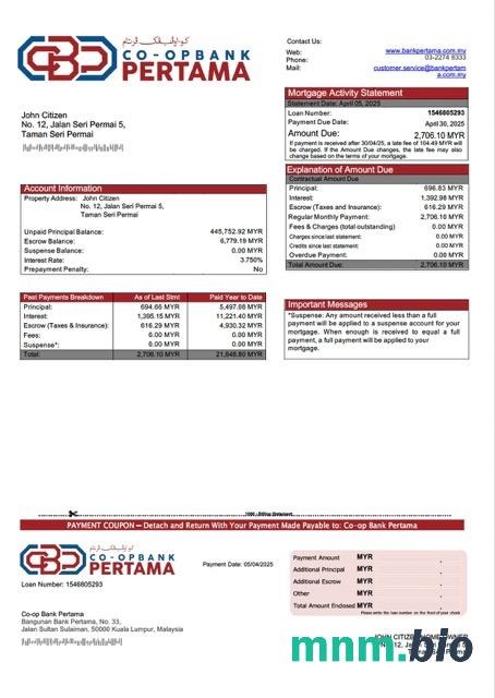 Malezja Co-op Bank Pertama wyciąg z kredytu hipotecznego szablon Word i PDF